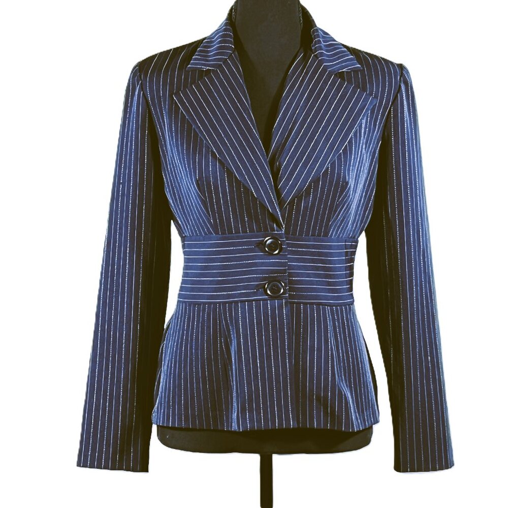 DBY Ltd. Blazer / Jacket - Dark Navy Blue - Pinstriped, Size 3/4
